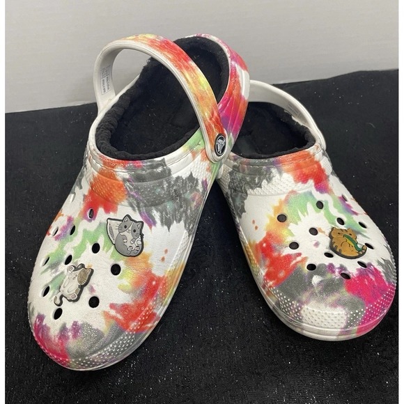 CROCS Shoes - Classic Crocs Tie Dye Clogs Cat Charms Shoes Lined Warm Women's 8 Men's 6 Multi